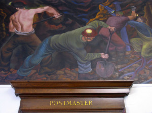 A mural  in the Calumet Post Office by a WPA artist depicts copper mining in the area