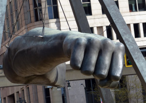 The city's giant fist sculpture makes an appearance in the movie set in Detroit