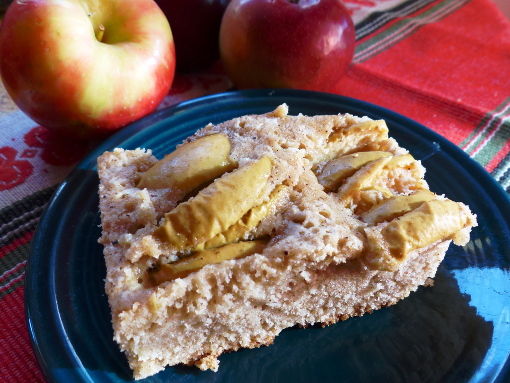 A moist cake with apple slices baked on top