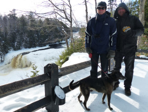 Graham (in a U.P.-made Stormy Kromer hat), TJ and Tucker above the falls