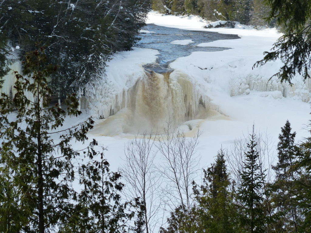 The water of Tahquamenon Falls runs brown from the tannin of the cedar, spruce and hemlock trees in adjoining swampland